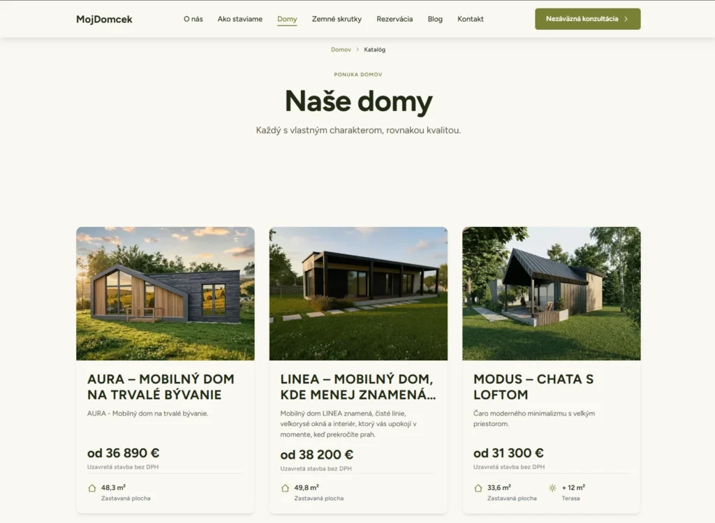 Katalóg domov MojDomcek.com s ponukou troch modelov